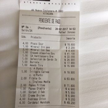Ox Restaurant - Bill for 4 people, not bad. Wine, pisco and brandy. - Steakhouses Near Me - Santiago, RM Ox Restaurant - Bill for 4 people, not bad. Wine, pisco and brandy. - Steakhouses Near Me - Santiago, RM
