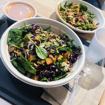 Just Salad - Front Salad: Tokyo SuperGreens Salad (sub tofu for sweet potato) Back Salad: Thai Chicken Crunch - med size Side Soup: Pepper & Gouda - Salad Near Me - Gainesville, Florida