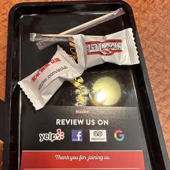 Sizzler - Mint, toothpick & "review us card" At end of meal - Seafood Near Me - Stockton, California Sizzler - Mint, toothpick & "review us card" At end of meal - Seafood Near Me - Stockton, California