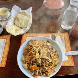 A plate of fresh Mongolian bbq and pocket bread. Mmmmm! A plate of fresh Mongolian bbq and pocket bread. Mmmmm!
