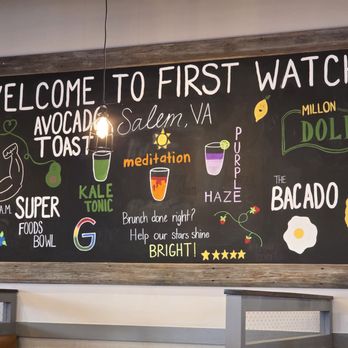 First Watch - The Backboard with color chalk announcing some of the menu items. - Breakfast & Brunch Near Me - Salem, Virginia First Watch - The Backboard with color chalk announcing some of the menu items. - Breakfast & Brunch Near Me - Salem, Virginia