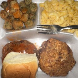 Mama Browns - Salmon cakes with fried okra, mac and cheese, and a roll. Added hot sauce
