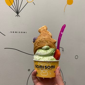 Somisomi - Milk and matcha with taro filling and strawberry - Desserts Near Me - Cupertino, California Somisomi - Milk and matcha with taro filling and strawberry - Desserts Near Me - Cupertino, California