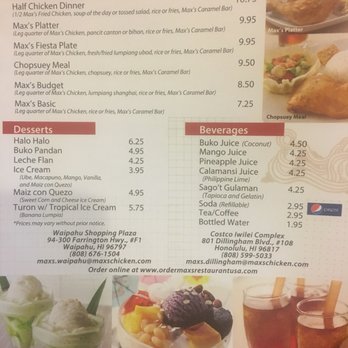 Max's Restaurant - Dillingham - Menu as of August 2018 - Filipino Near Me - Honolulu, Hawaii Max's Restaurant - Dillingham - Menu as of August 2018 - Filipino Near Me - Honolulu, Hawaii