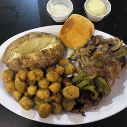 Rhodes Family Diner - Load Chicken, baked potato and fried okra.