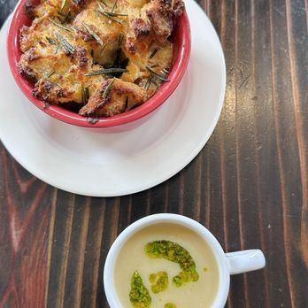 The Spoon Trade - Cheesy Bread Pudding with the Seasonal Soup - New American Near Me - Grover Beach, California