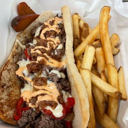 Foodies Food Truck - Beer cheesesteak sammich with fries and look aid pickle