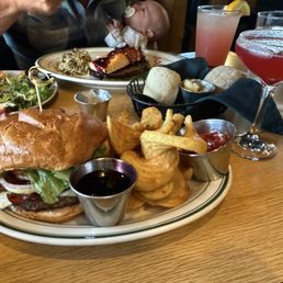 burger with fries + side of huckleberry bbq sauce and huckleberry lemon drop martini
