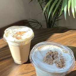 banana pudding latte (left) biscuit latte (right)