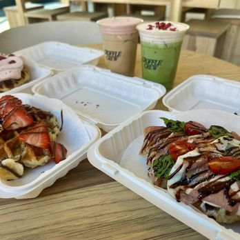 Croffle Crew - From Left to Right, Front to Back: Berry in Love, Nutella Strawberries and Banana, Burrata and Prosciutto, Sweetheart Latte, Blushing Matcha - Desserts Near Me - Happy Valley, Oregon Croffle Crew - From Left to Right, Front to Back: Berry in Love, Nutella Strawberries and Banana, Burrata and Prosciutto, Sweetheart Latte, Blushing Matcha - Desserts Near Me - Happy Valley, Oregon