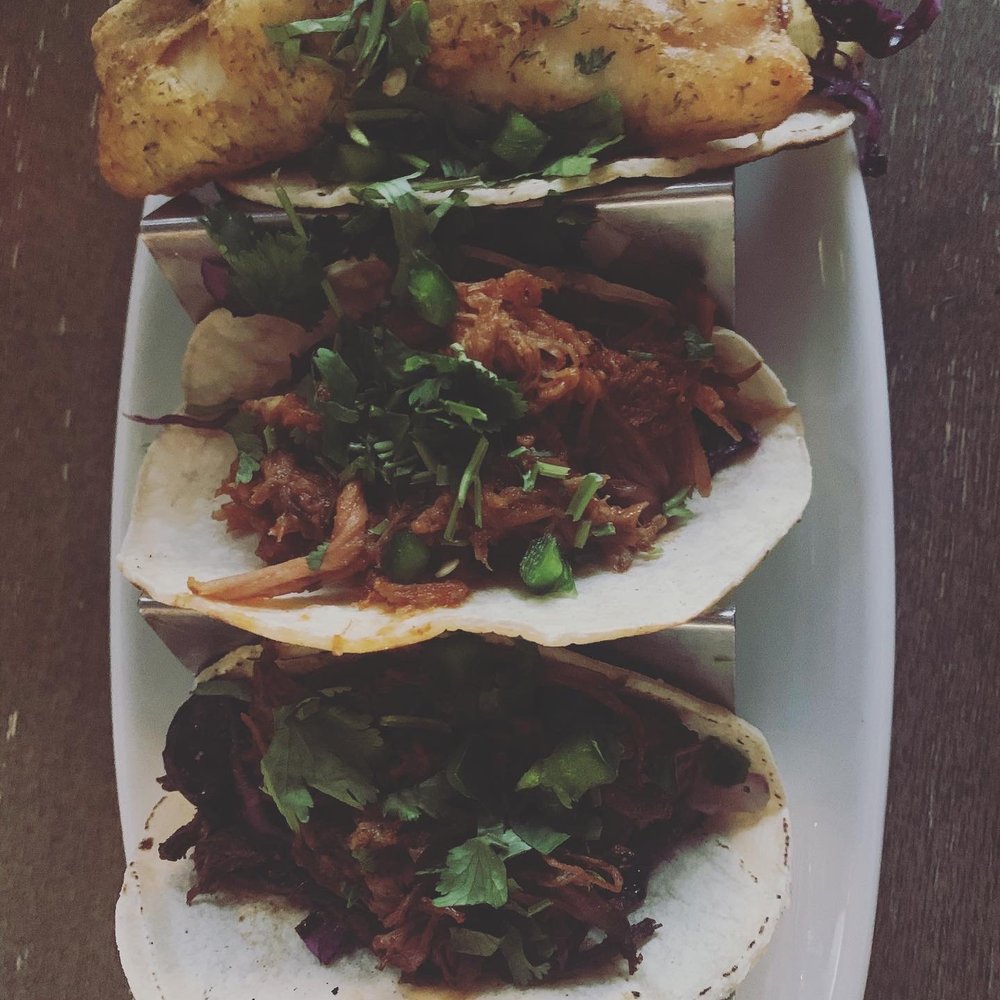 Top - fish taco, middle- pulled pork, bottom- beef brisket.