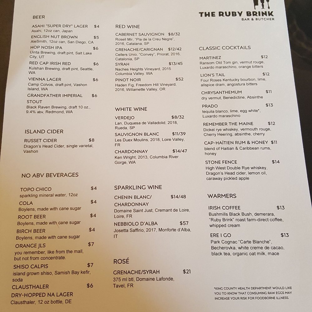 The Ruby Brink - Beverages, also full bar (3/8/20) - Butcher Near Me - Vashon, Washington The Ruby Brink - Beverages, also full bar (3/8/20) - Butcher Near Me - Vashon, Washington