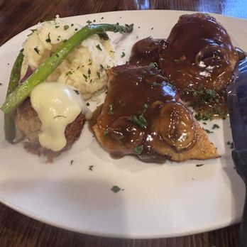 Open Flame - Chicken marsala served with a crab cake, garlic mashed and grilled aspargus - Breakfast & Brunch Near Me - Hales Corners, Wisconsin