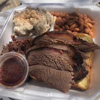 InfiniteBBQ - Brisket plate (chopped and sliced) with two sides - BBQ pinto beans and bomb potato salad. So delicious! - Food Trucks Near Me - Lindale, Texas