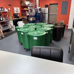 Oro Valley Coffee Roasting - Green bins = raw beans, black bins = roasted beans