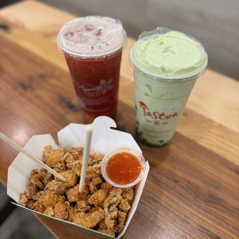 Tastea - Large Karate Chicken aka Popcorn Chicken $ 12.15, Peach Me Sweetea $ 7.70 & Avocado Avalanche $ 9.70 both in 32 oz 12.21.24 - Coffee & Tea Near Me - Rowland Heights, California
