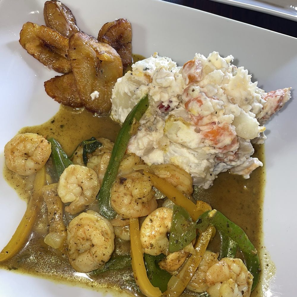 Caribbean Vibes - Curry Shrimp with side of potato salad and fried plantains - Caribbean Near Me - Acworth, Georgia Caribbean Vibes - Curry Shrimp with side of potato salad and fried plantains - Caribbean Near Me - Acworth, Georgia