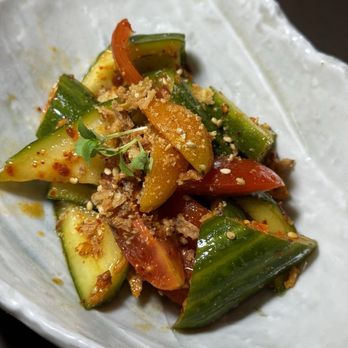 Aiko - Sunomono (Cucumber, Chili Garlic, Tomato) - Japanese Near Me - Houston, Texas Aiko - Sunomono (Cucumber, Chili Garlic, Tomato) - Japanese Near Me - Houston, Texas