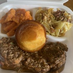 From My Hands to Your Soul Food - Delicious meatloaf,yam's fried cabbage, cornbread muffin
