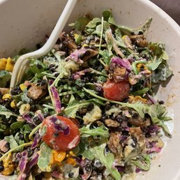 Honey chicken bowl with arugula and lentil base. Honey chicken bowl with arugula and lentil base.