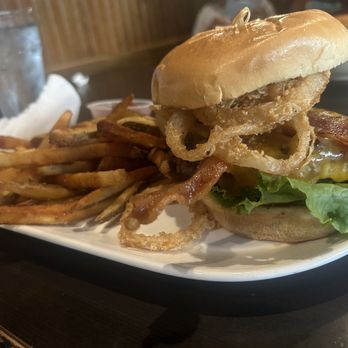 Della J's Delectables - Burger with Fried Onions,Bacon,Barbecue Sauce and a Large Beef Patty and Fries - Southern Near Me - Alexandria, Virginia