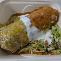 Señor Chilaquiles - Wet Super Burrito "Bandera" with green and red sauce