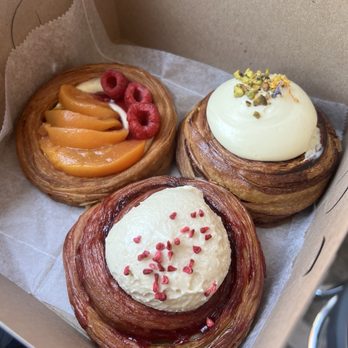 Fat Peach Bakery - Peach and raspberry (almond paste) Melba, calamansi cream and pistachio danish, raspberry espresso cream cheese cinnamon roll - Bakeries Near Me - Chicago, Illinois Fat Peach Bakery - Peach and raspberry (almond paste) Melba, calamansi cream and pistachio danish, raspberry espresso cream cheese cinnamon roll - Bakeries Near Me - Chicago, Illinois