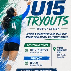 Stream Valley U15 girls team tryouts are hosted on July 25, 2026 at Stager gym