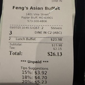 Feng's Asian Buffet - Price for 2 adults during lunch - Asian Fusion Near Me - Poplar Bluff, Missouri