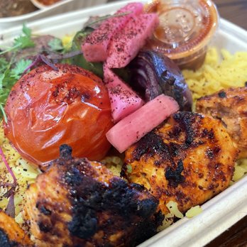 Mazra - Closeup of chicken kebab. One piece was over-charred but overall great. - Middle Eastern Near Me - San Bruno, California