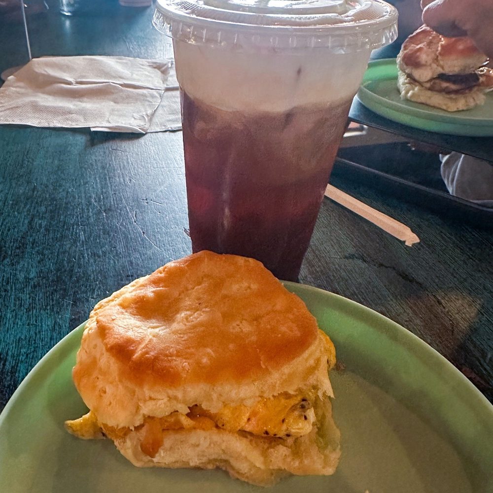 Cold Brew with Sweet Cream Foam and Southern Biscuit with Egg and Cheese Cold Brew with Sweet Cream Foam and Southern Biscuit with Egg and Cheese