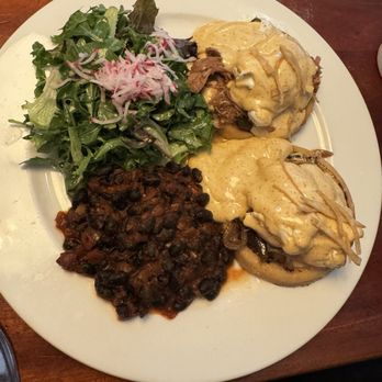 Cooks Tavern - Fiesta Benedict -sopes pork poblano & red pepper rajas poached eggs chipotle hollandaise black beans salad with cilantro-lemon citronette - New American Near Me - Tacoma, Washington