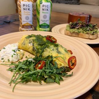 Picnik - Burnet Road - Goat cheese omelette, avocado toast, butter coffee and golden milk matcha - New American Near Me - Austin, Texas