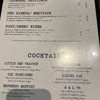 Raven and Lily restaurant - Backside of wine list - Southern Near Me - Collierville, Tennessee