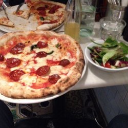 Franco Manca - Tomato, cured organic chorizo & mozzarella with mixed leaf salad (a few bites already eaten)