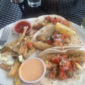 Canal Bistro Mediterranean Grille - Fish tacos with garlic feta fries - Greek Near Me - Indianapolis, Indiana Canal Bistro Mediterranean Grille - Fish tacos with garlic feta fries - Greek Near Me - Indianapolis, Indiana
