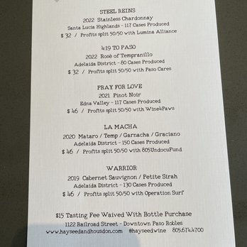 Hayseed and Housdon - Hayseed and Housdon's current wine selection! My fav was the 4:19 to Paso and my fellow's fav was warrior (cab) - Wine Tasting Room Near Me - Paso Robles, California Hayseed and Housdon - Hayseed and Housdon's current wine selection! My fav was the 4:19 to Paso and my fellow's fav was warrior (cab) - Wine Tasting Room Near Me - Paso Robles, California
