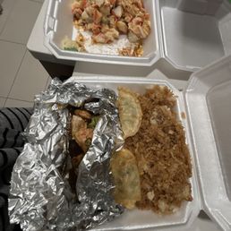 Teriyaki chicken and fried rice and a double order of the hurricane roll. So good! Teriyaki chicken and fried rice and a double order of the hurricane roll. So good!