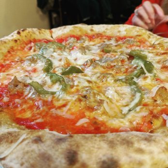 Philomena's - Jersey Shore pie with white tomato, sweet and spicy sausage, peppers, onions, mozzarella. Good but pretty normal outside the great crust. - Pizza Near Me - Sunnyside, New York