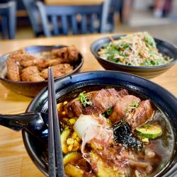 Origami Asian Grill - Ramen (choice of glazed pork belly & pork shoyu broth), fried chicken, and cold noodle