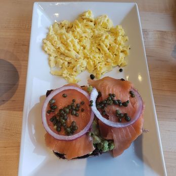 Eggsquisite Cafe - Salmon avocado side, with your choice of melons or berries. We ended up with strawberries (not pictured) sweet & tasty! - Breakfast & Brunch Near Me - Mansfield, Texas
