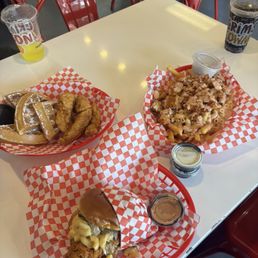 Chicken sandwich, Chicken & Waffles, loaded Crimson Fries Chicken sandwich, Chicken & Waffles, loaded Crimson Fries