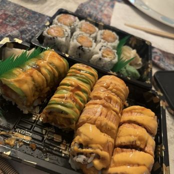 Bento Asian Cuisine - Spicy Tuna Roll (back), Monkey Roll (left), and Salmon Lover Roll (right). - Asian Fusion Near Me - Latham, New York Bento Asian Cuisine - Spicy Tuna Roll (back), Monkey Roll (left), and Salmon Lover Roll (right). - Asian Fusion Near Me - Latham, New York