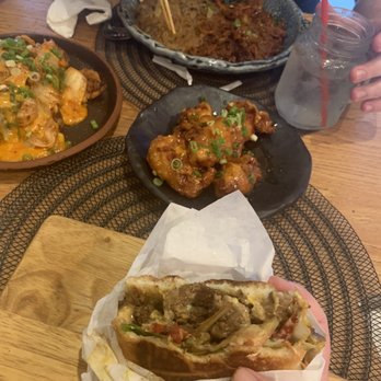 Bop Joa - "Yang-Neum" Chicken Bulgogi Burger Kimchi Cheese Potato Wedge Spicy Pork Bulgogi with Jap-Che Platter - Korean Near Me - Sachse, Texas
