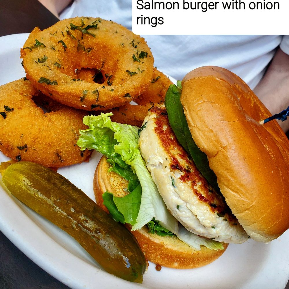 City Limits Diner - Friend's salmon burger with onion rings - 5/25/2026 - Diners Near Me - White Plains, New York City Limits Diner - Friend's salmon burger with onion rings - 5/25/2026 - Diners Near Me - White Plains, New York