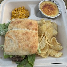 Hybrid Burger, Corn, Kettle Chips, and Crème Brûlée