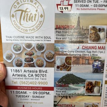 Original Thai - Menu: March 2025 - Thai Near Me - Artesia, California