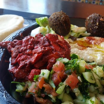 Pita BBQ - Falafel and spicy chicken lunch special with hummus and lebanese salad. Yum. - Mediterranean Near Me - South Elgin, Illinois