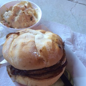 Duffy's Tavern - Brie and caramelized onion burger with potato salad - Burgers Near Me - Holmes Beach, Florida