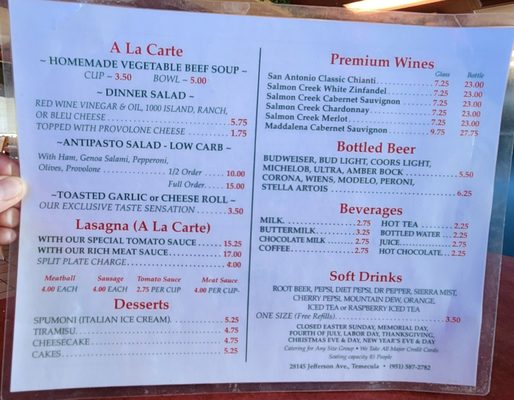 Menu photo 5 Vince's Spaghetti Express Temecula, CA